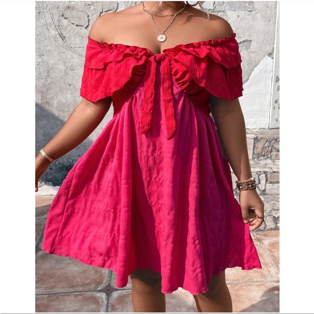 Plus Off Shoulder Ruffle Front Tie Mini Dress 1X 2X 3X 4X